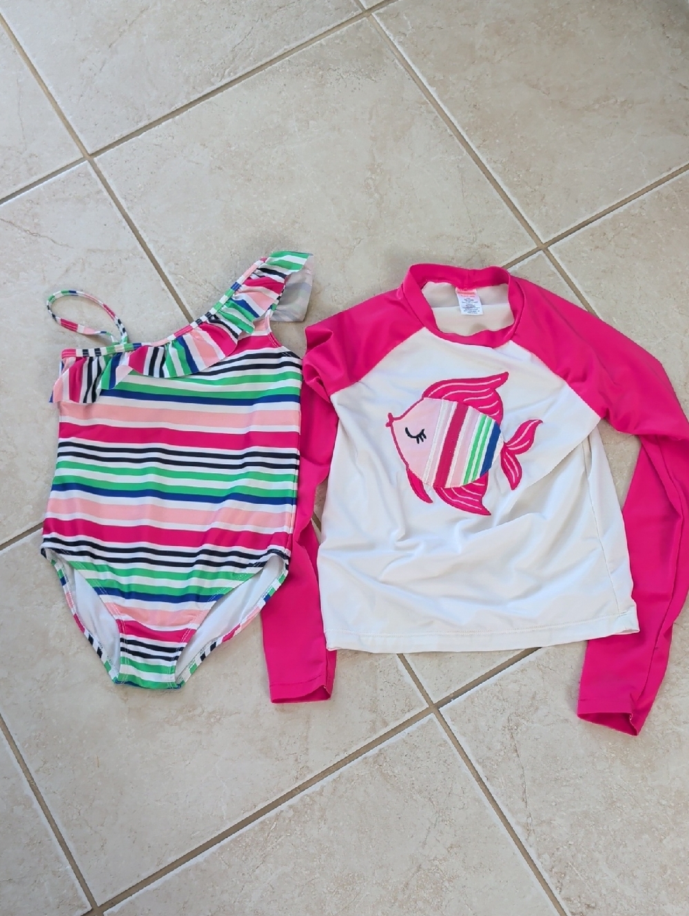 Gymboree Girls  Size 7 Pink & Multi-Stripe One-Piece Swimsuit , Pink Fish Top